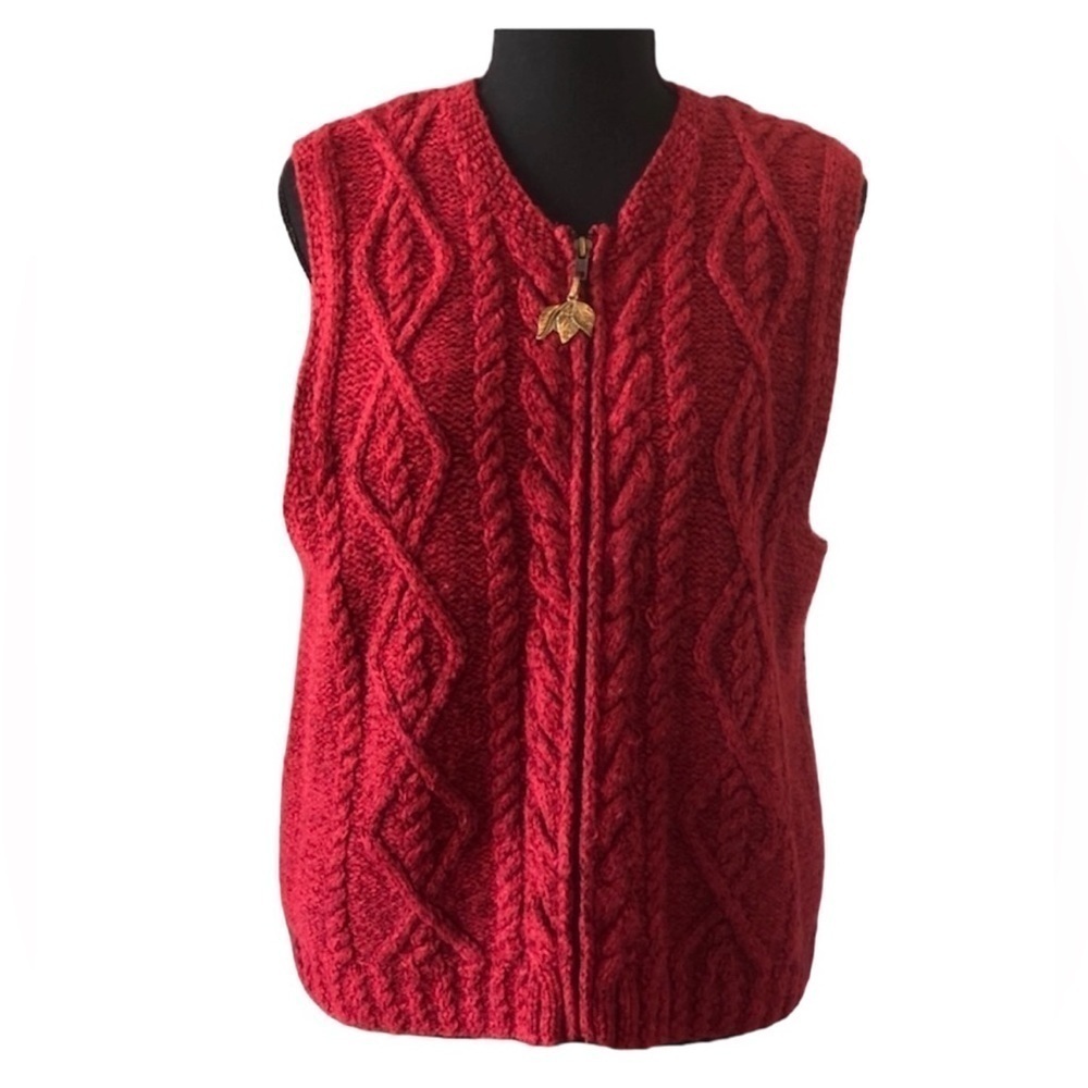 Vintage 1995 Susan Bristol HandKnitted Sweater Vest Full Zip Brass Leaf Pull M